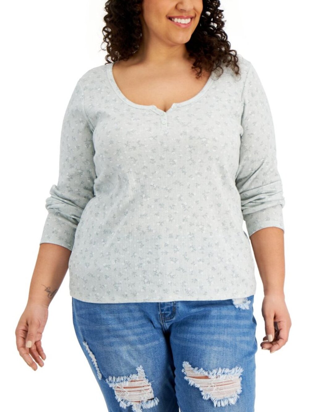 Hippie Rose Womens Trendy Plus Size Printed Henley Neck Top
